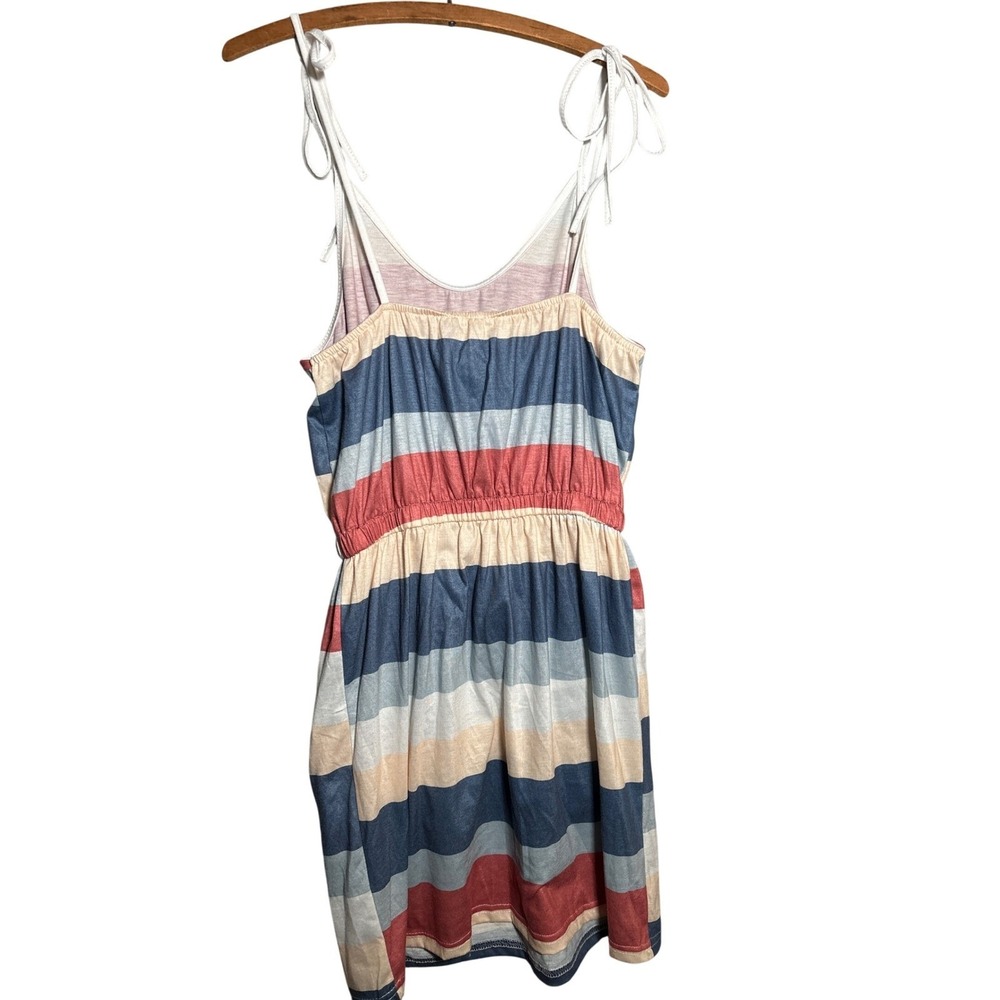 Striped Tie Shoulder Sundress Blue Red Cream Elastic Waist Pockets M USA Boho